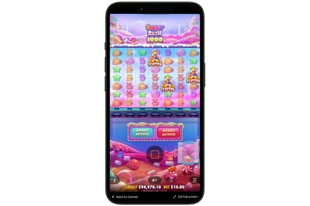 Sugar Rush 1000 demo i stående läge på mobilen med scattersymboler