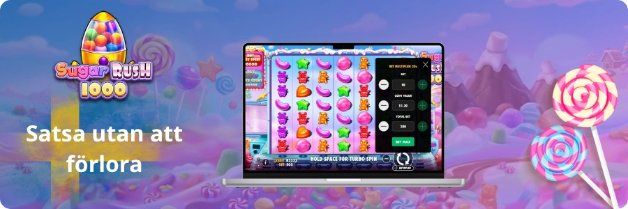 Virtuellt saldo och insatspanel i Sugar Rush 1000 demo