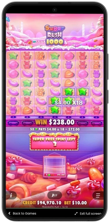 Multiplikatorvinst under super free spins i Sugar Rush 1000
