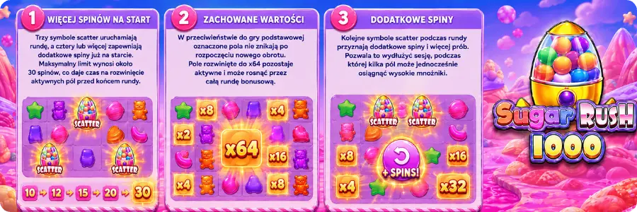 Tryb darmowych spinów w Sugar Rush 1000