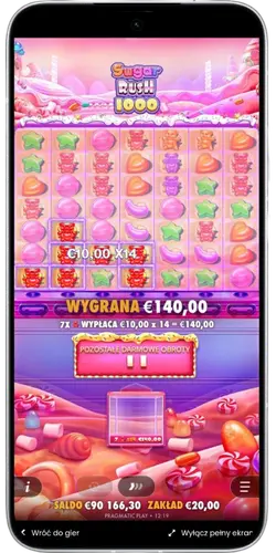 Wygrana z mnożnikiem podczas Super Free Spins w Sugar Rush 1000
